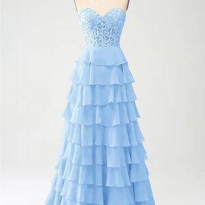 light blue strapless tiered ruffle maxi dress